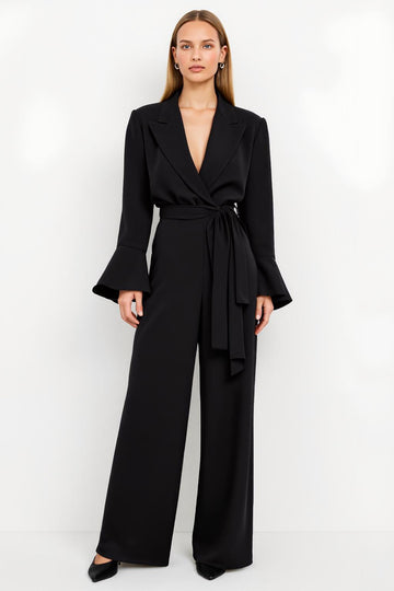 Black Peak Lapel Jumpsuit with Belt